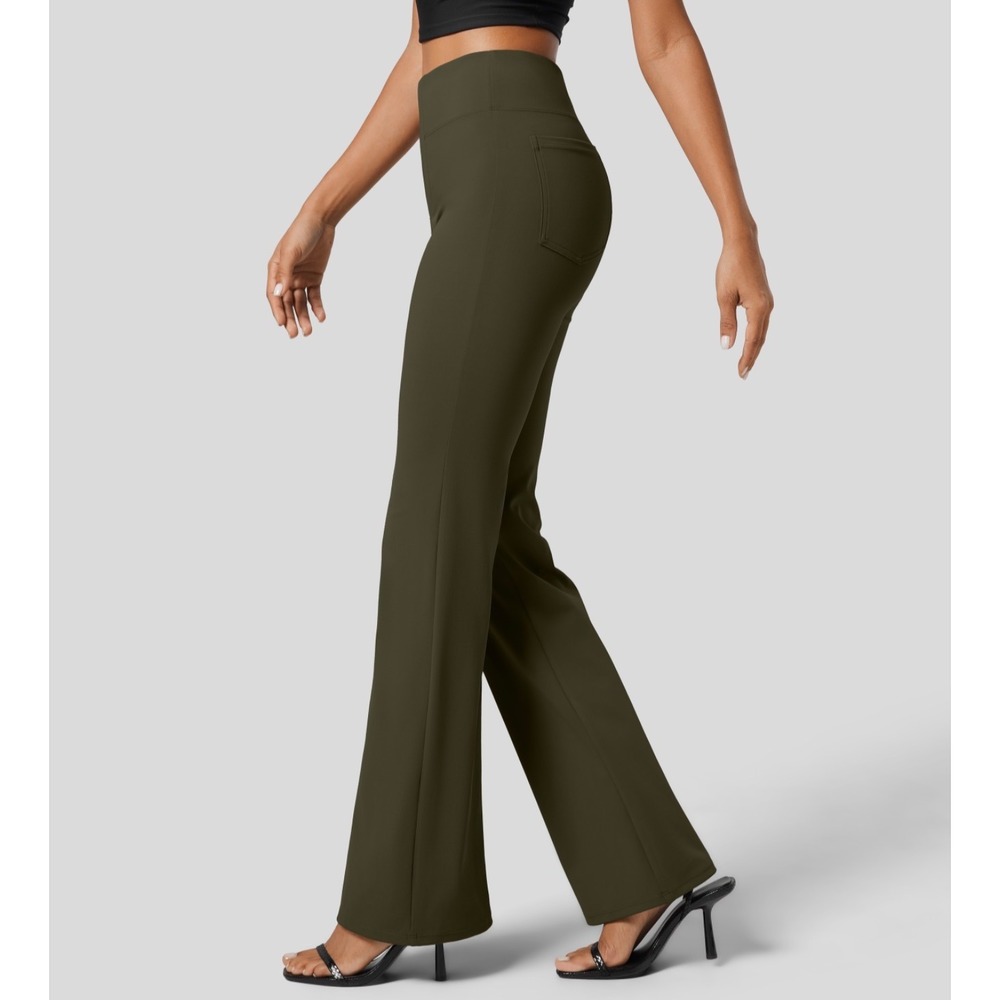 Halara Flex High Waisted Back Side Pocket Slight Flare Work Pants Olive Green M